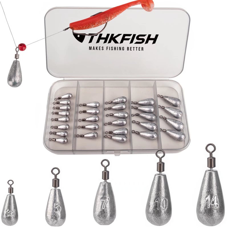 THKFISH Fishing Weights Fishing Sinker Drop Shot Weights Fishing Weights Kit Drop Shot Rig Wacky Hooks Offset Hooks Fishing Tackle D-28pcs-Waterdrop Shape - Image 1